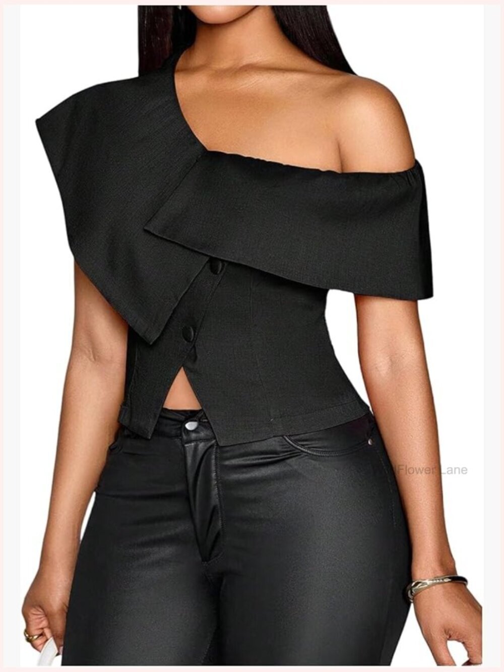 Off Shoulder Asymmetrical Blouse Short Sleeve Button Down Top